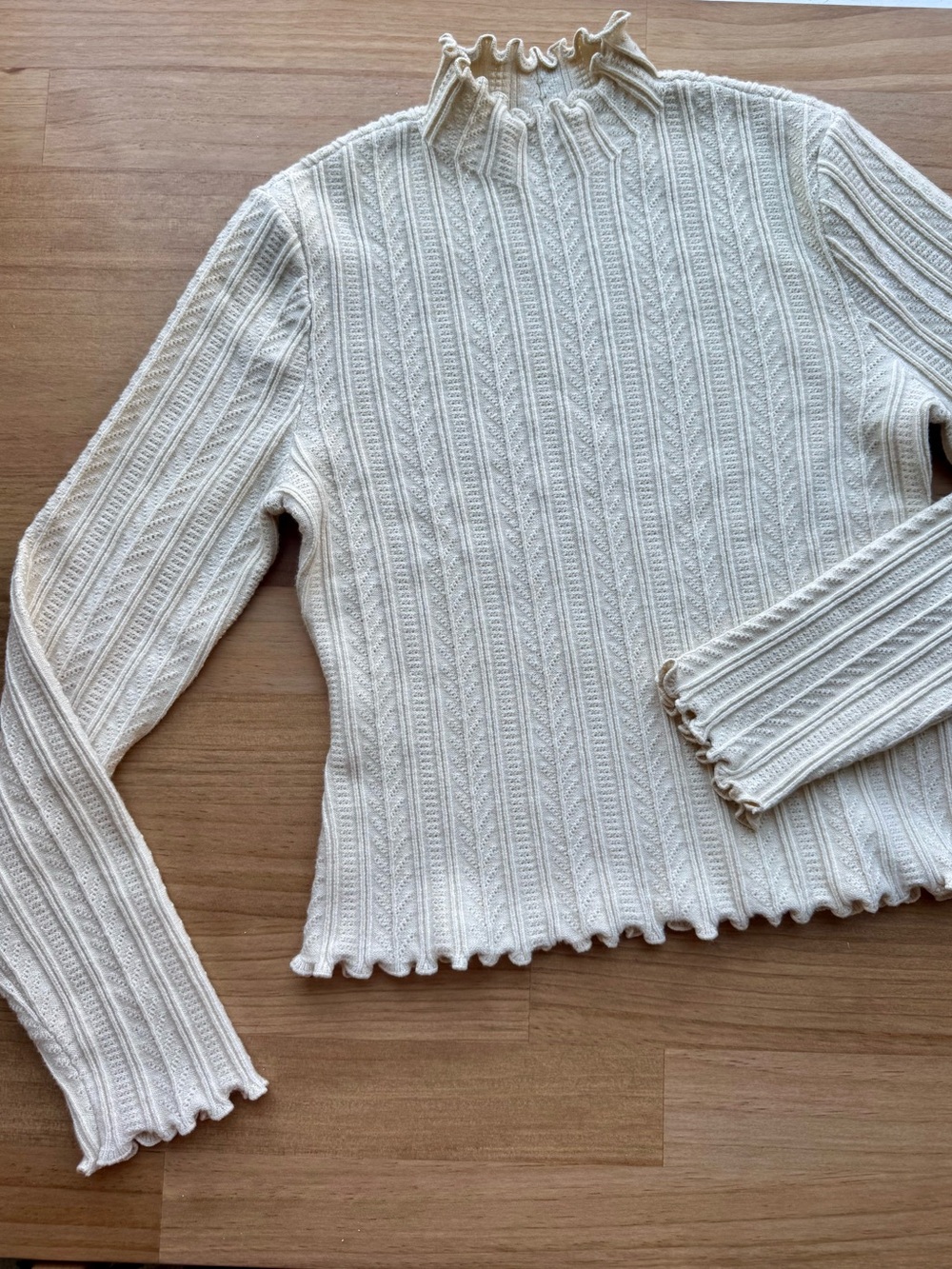 Cream Ribbed Mock Neck Sweater w Lettuce Ruffle Trim Delicate Pattern Layering